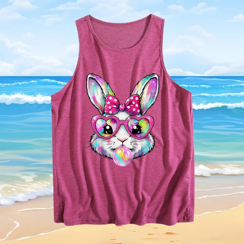 Vest Easter Bunny Wearing Heart Glasses Blowing Bubbles Women's Crew Neck Print
