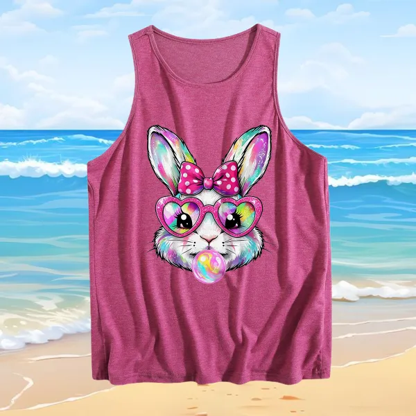 Vest Easter Bunny Wearing Heart Glasses Blowing Bubbles Women's Crew Neck Print