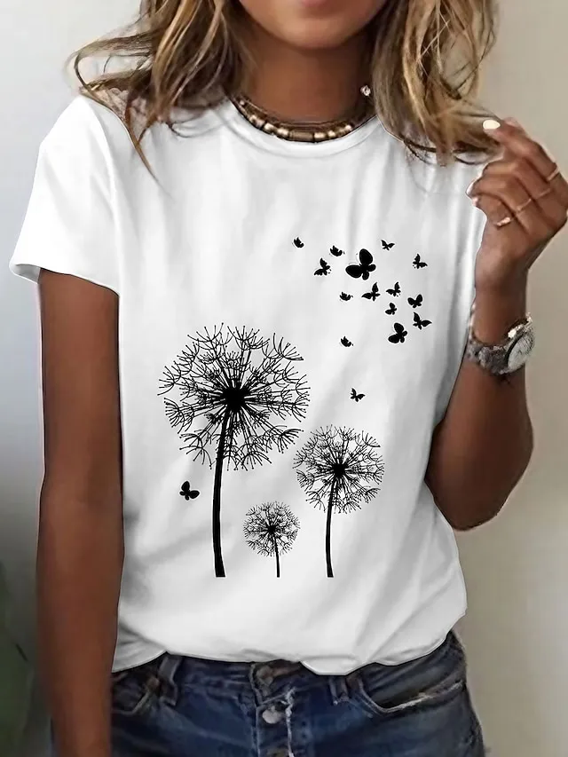 Women's T shirt Tee 100% Cotton Black White Yellow Graphic Daisy Print Short Sleeve Daily Going out Basic Round Neck Regular 100% Cotton Floral S