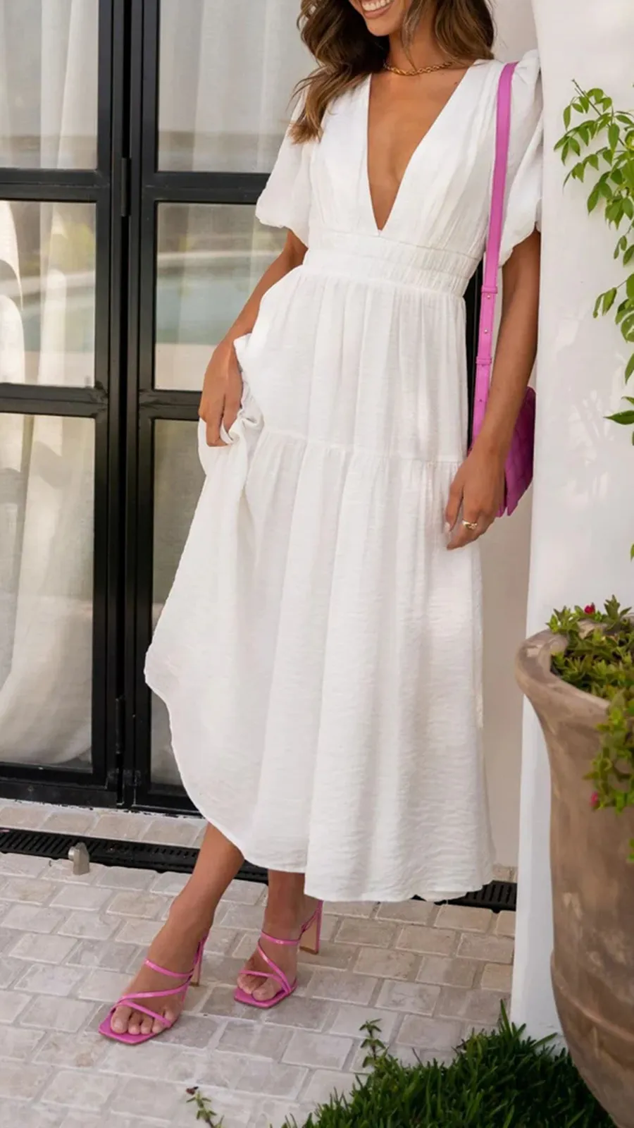 Solid Color Puffy Midi Dress