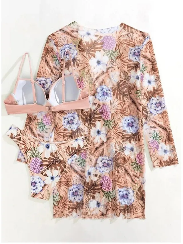 Women's Swimwear Bikini Three Piece Normal Swimsuit 2 Piece Open Back Sexy Printing Leaves Pink Blue Orange Green V Wire Bathing Suits New Vacation Fashion