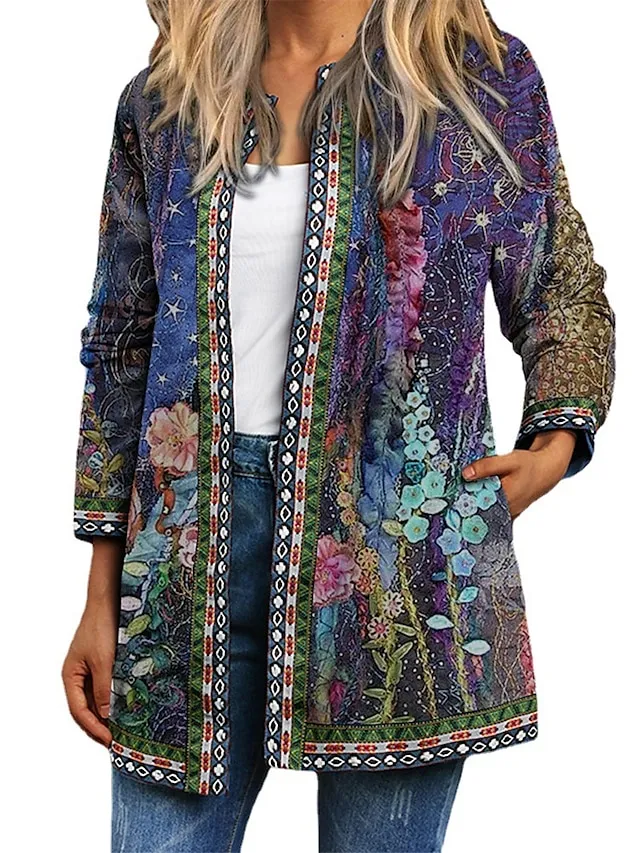 Women's Casual Jacket Floral Print Fall Winter Regular Coat Regular Fit Casual Baroque Jacket Long Sleeve Blue Daily Holiday
