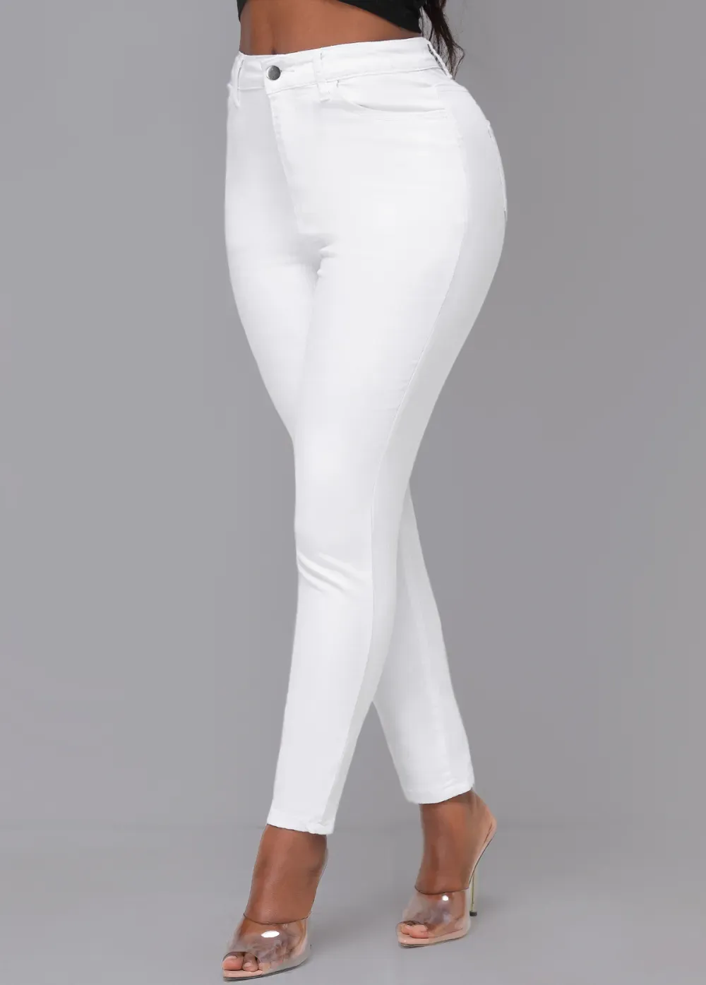 White Skinny Zipper Fly High Waisted Pants