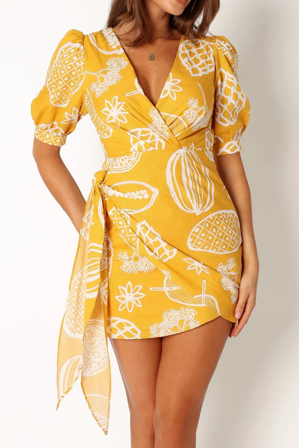 YELLOW PRINTED PATTERN WRAP MINI DRESS