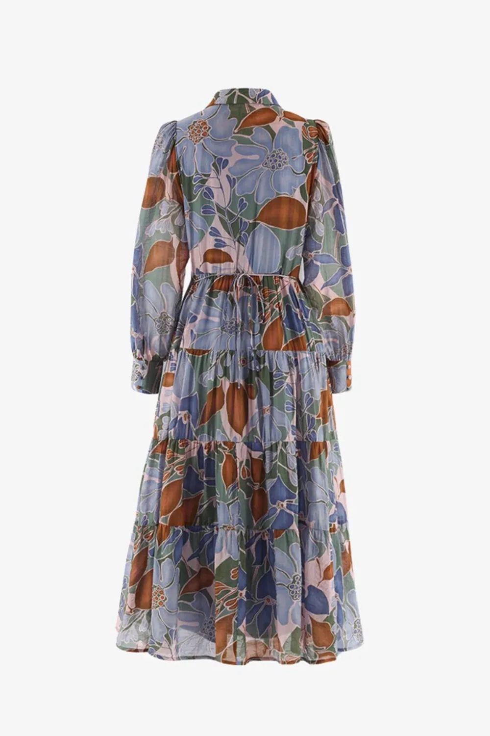 Khaki Floral Long Sleeve Tiered Shirt Maxi Dress