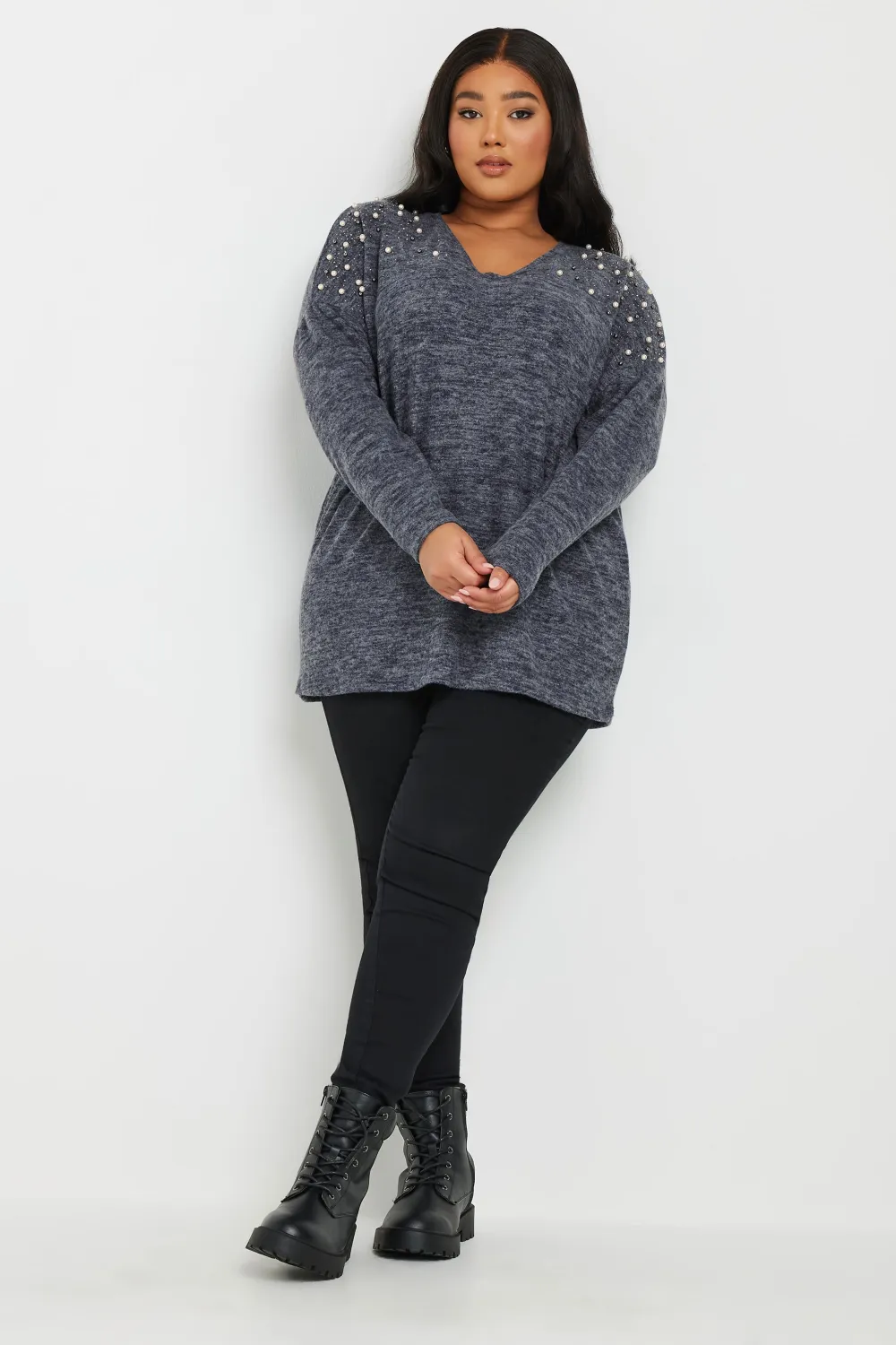 YOURS Curve Natural Brown Pearl Embellished Jumper