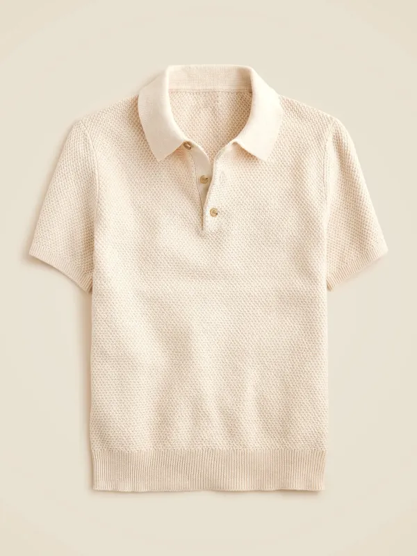 Cream Colored Short Sleeve Polo Style Knit Sweater