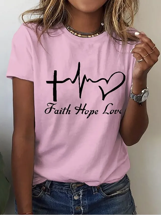 Women's T shirt Tee Cotton 100% Cotton White Yellow Pink Heart Letter Print Short Sleeve Casual Weekend Basic Round Neck Regular Fit Painting