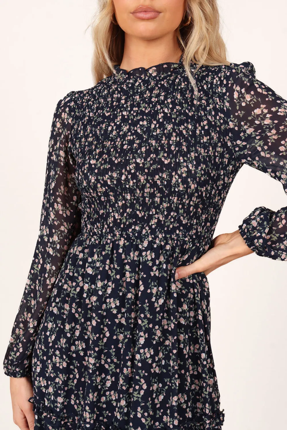NAVY FLORAL SHIRRED FRILL LONG SLEEVE MIDI DRESS
