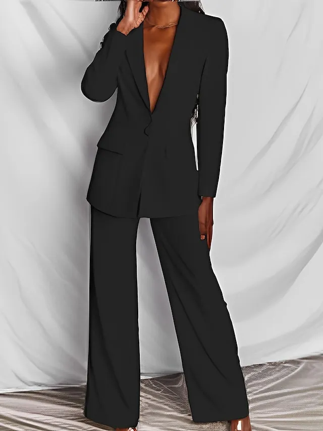 Women's Blazer Suits 2 Pcs Single Breasted Lapel Blazer & Pants Fall Fashion Party Outfit Business Formal Jacket Set Black Blue Pink