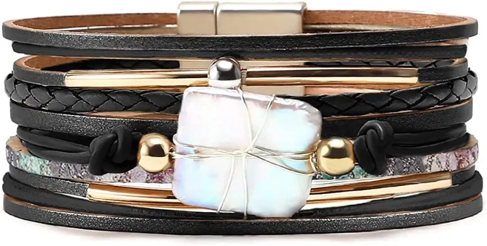 Fesciory Leather Wrap Bracelets for Women, Boho Leopard Multi-Layer Crystal Beads Cuff Bracelet Jewelry