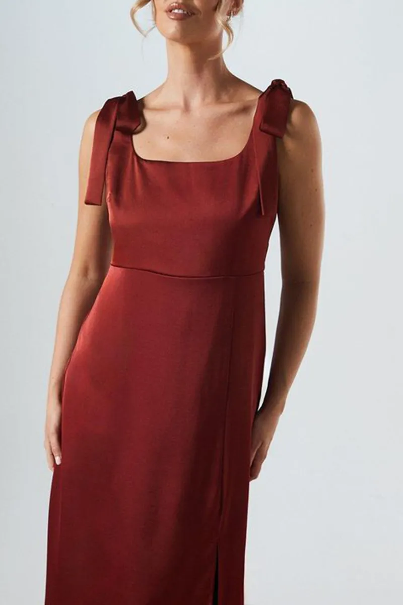 Casual Style Satin Tie Shoulder Dress