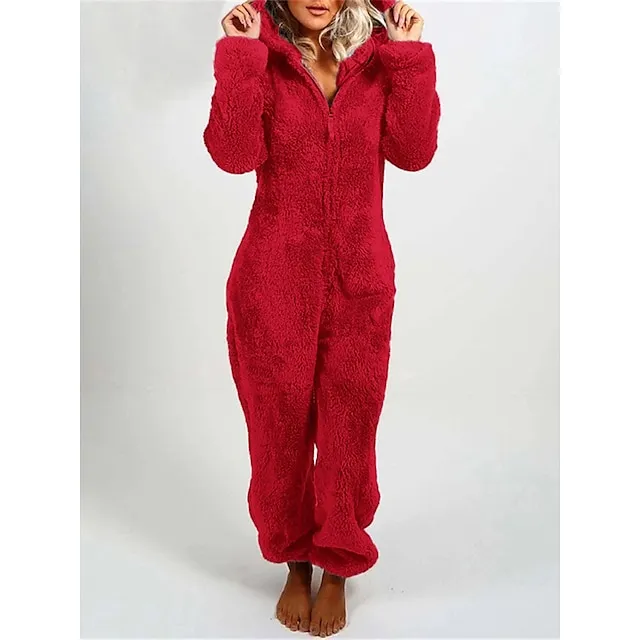 Women's Plus Size Adult Onesies Onesie Pajamas Pajama for Adult Pure Color Warm Fashion Plush Home Christmas Daily  Warm Hoodie Long Sleeve Fall Winter Black Red