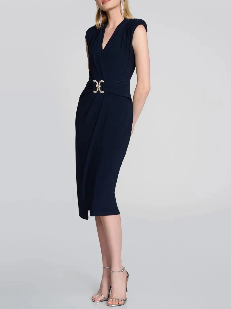 Navy Blue Belted Wrap Midi Dress