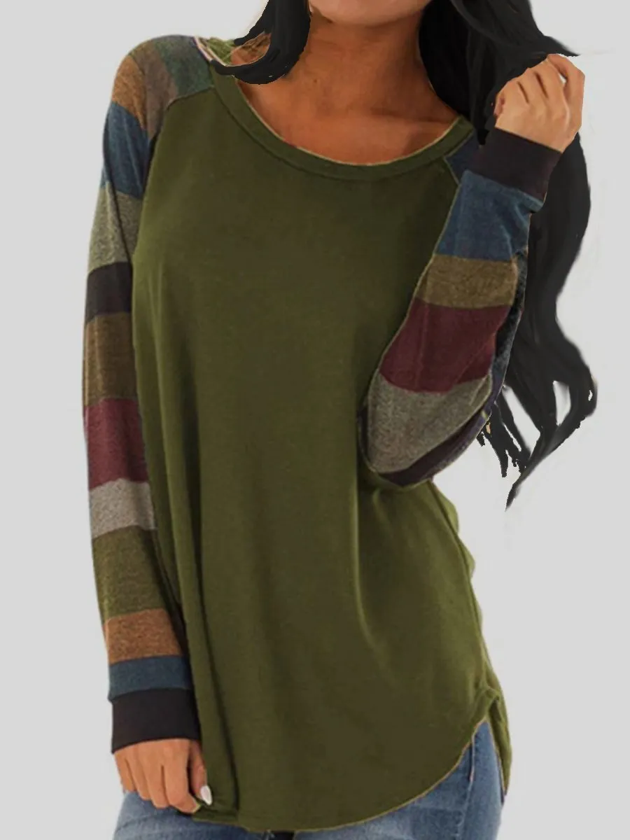 Round Neck  Patchwork  Stripes Long Sleeve T-Shirts