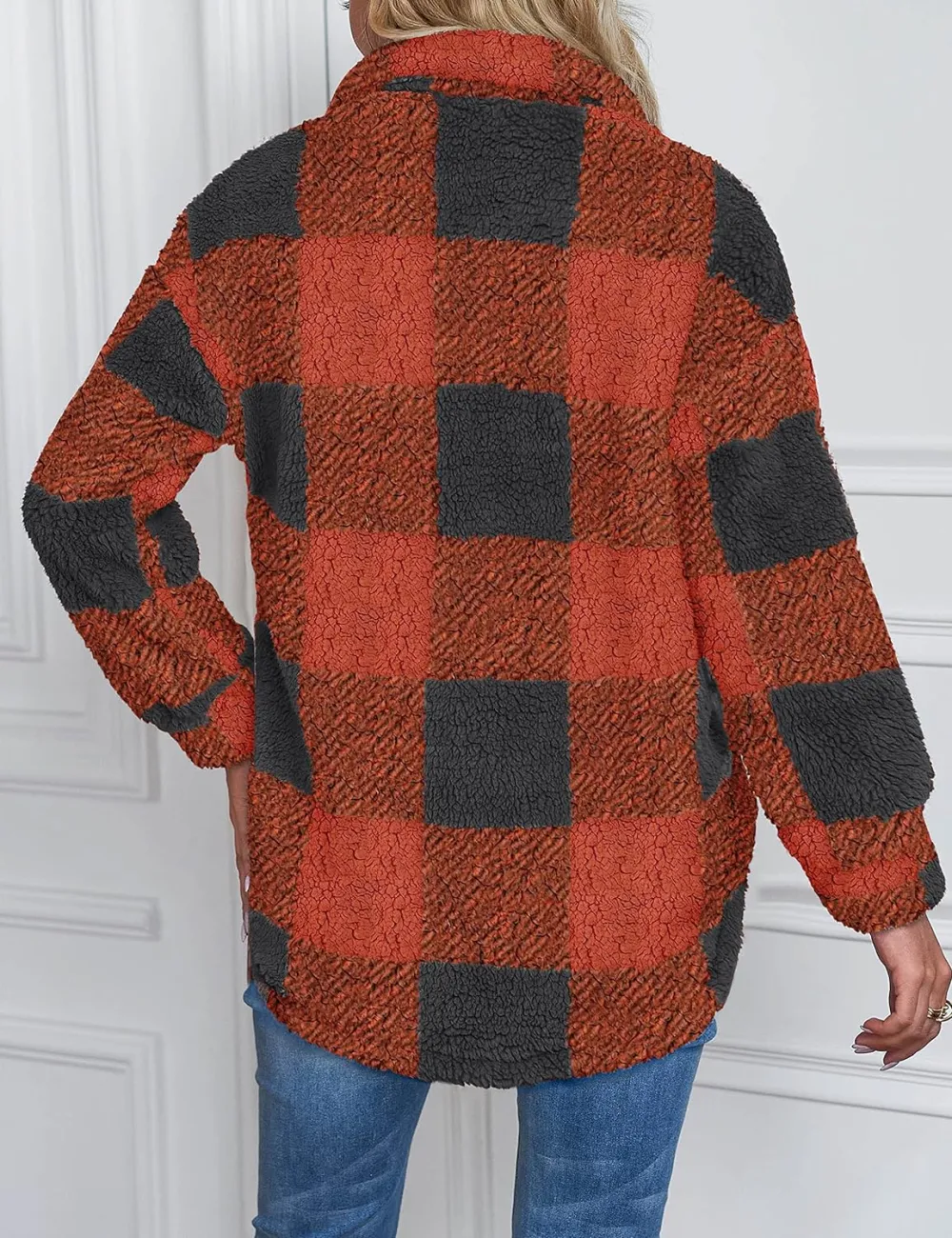 Women's Fleece Plaid Jacket Coats Button Down Lapel Sherpa Shacket Outwear with Pockets