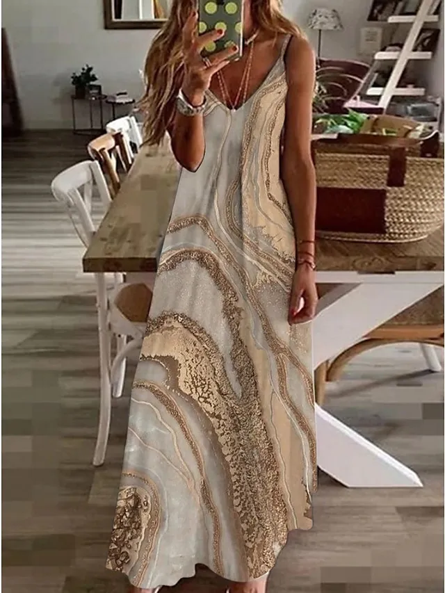 Women's Casual Dress Long Dress Maxi Dress Khaki Sleeveless Print Print Spring Summer V Neck Casual Weekend 2023 S M L XL XXL 3XL