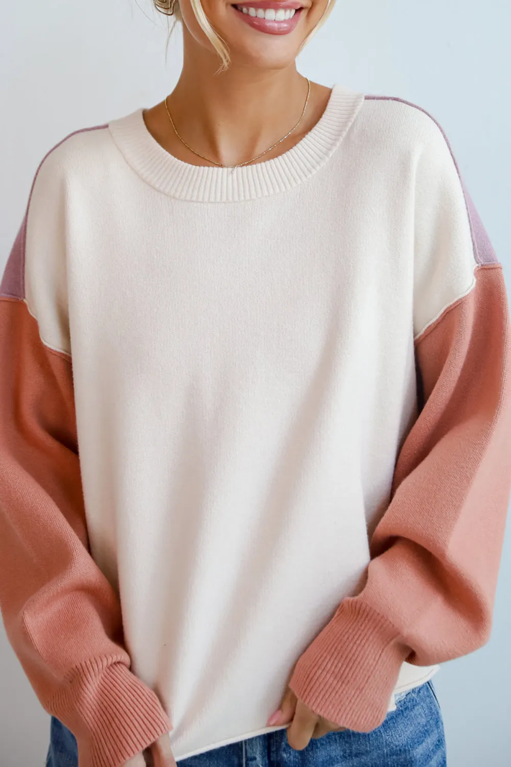 Complete Sophisticate Cream Color Block Sweater