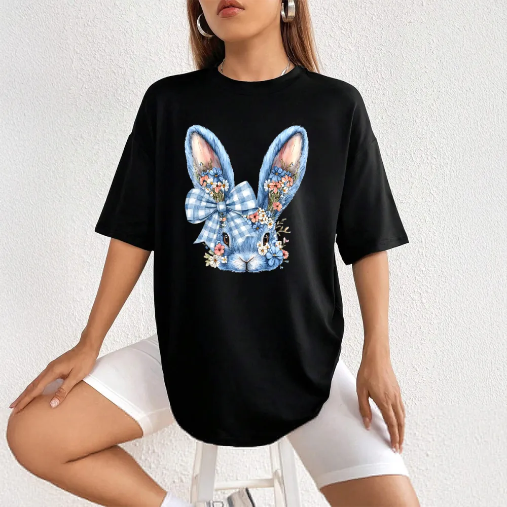 Happy Easter Printed Round Neck Short Sleeve T-Shirt