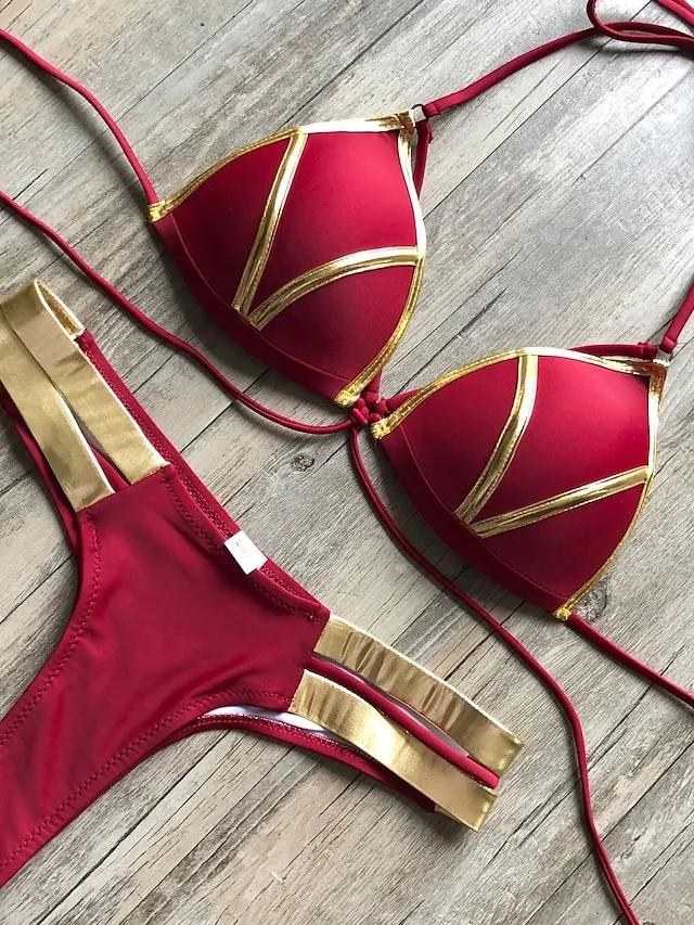 Women's Swimwear Bikini 2 Piece Normal Swimsuit Open Back Cut Out Sexy Leopard Color Block Leopard Print Black Pink Wine Dusty Rose Camisole Strap Bathing Suits New Vacation Sexy