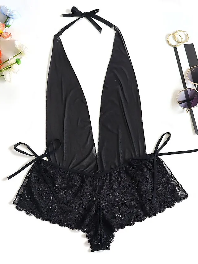 Women's Curve Plus Size Suits Bodysuits Lace Mesh Backless Solid Colored Embroidered Sexy Valentine's Day Halter Neck Summer Spring Seamless Bras Black Big Size 3XL 4XL 5XL