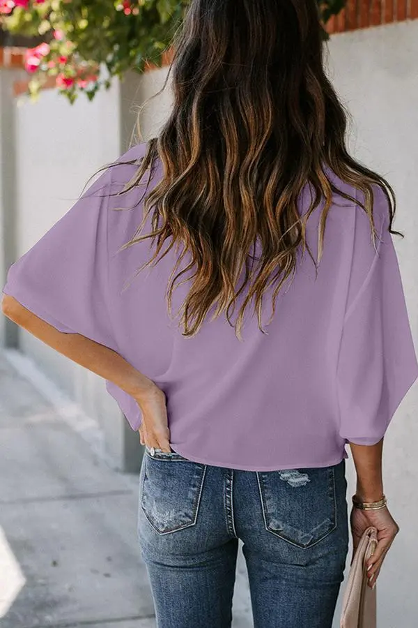 Solid Draped V-neck Half Sleeves Casual Blouse