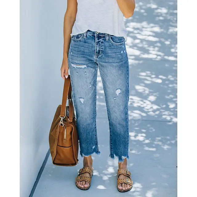 Women‘s Moms Jeans Low Rise Pants Trousers Distressed Ankle-Length Denim Side Pockets Micro-elastic Mid Waist Fashion Casual Weekend Blue S M Summer Spring & Fall