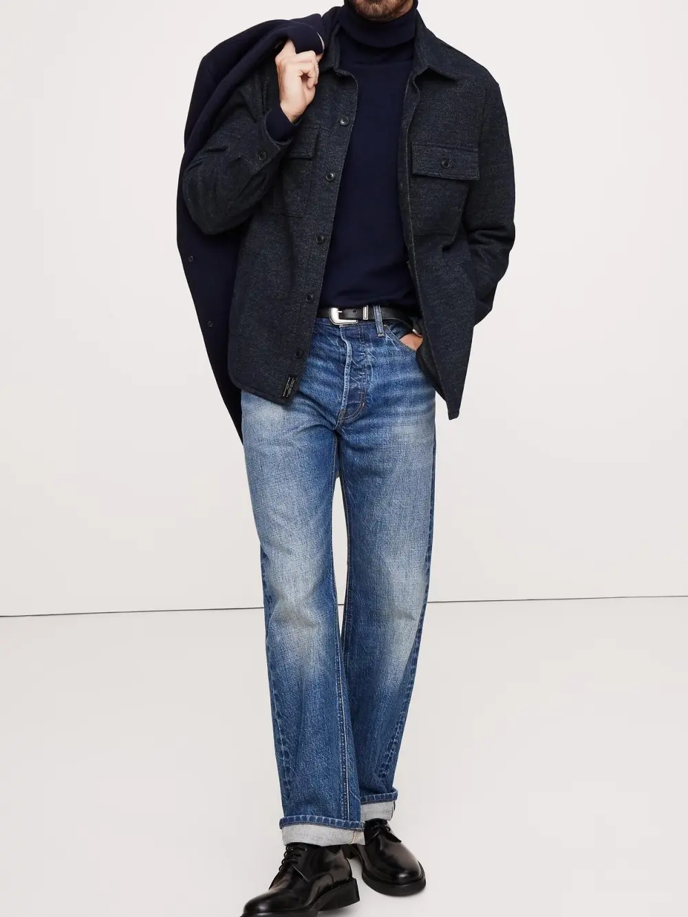 Men's Navy Blue Casual Jacquard Shirt Jacket