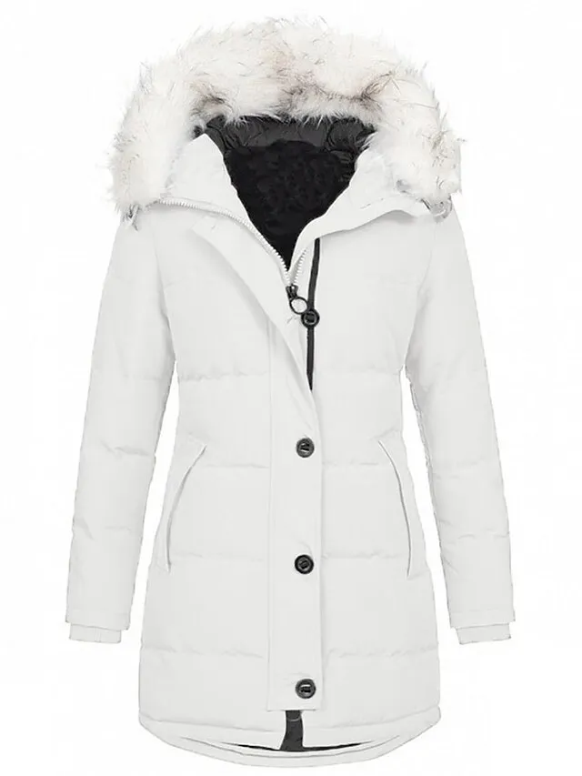 Women's Parka Puffer Jacket Winter Coat Zip up Hooded Coat with Fur Collar Thermal Warm Heated Coat Fall Outerwear with Pockets Classic Long Sleeve Black White