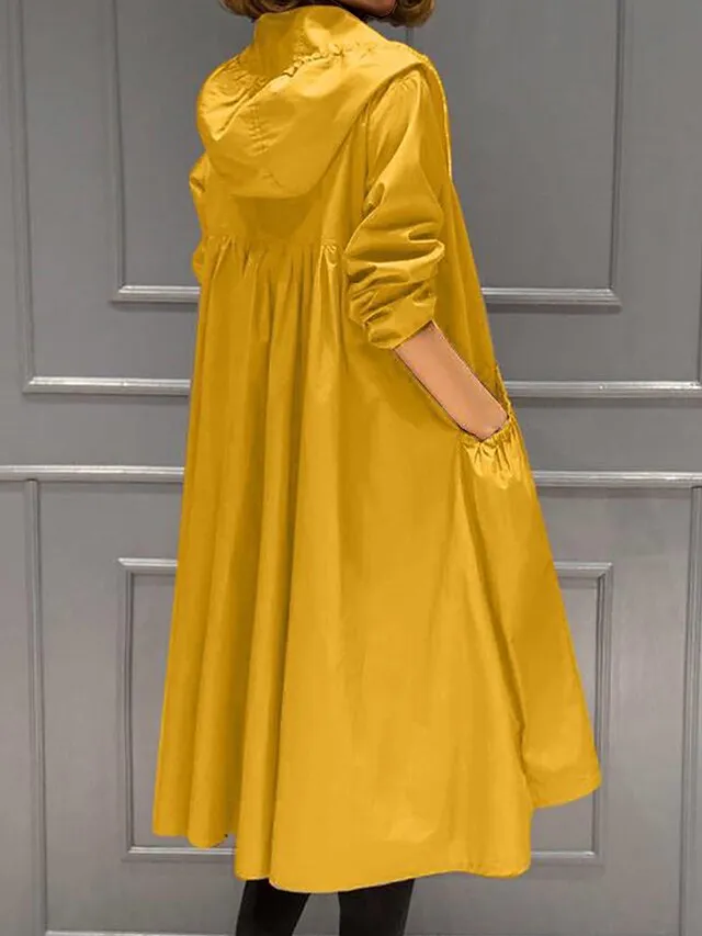 Women's Trench Coat Fall Windproof Outdoor Zipper Plain Maillard Fashion Regular Fit Outerwear Long Sleeve Black M