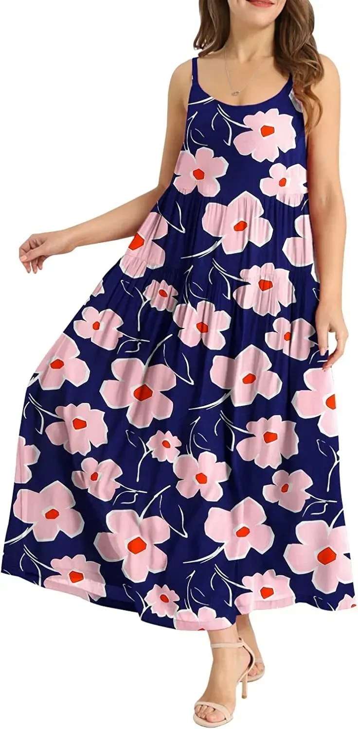Summer Dresses for Women Casual Loose Bohemian Floral Dress with Pockets Spaghetti Strap Maxi Dress E75