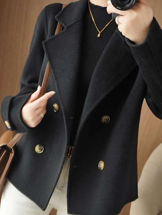 Women's Winter Blazer Coat Fall Double Breasted Lapel Jacket Wool Blend Short Coat with Pockets Warm Black White Camel