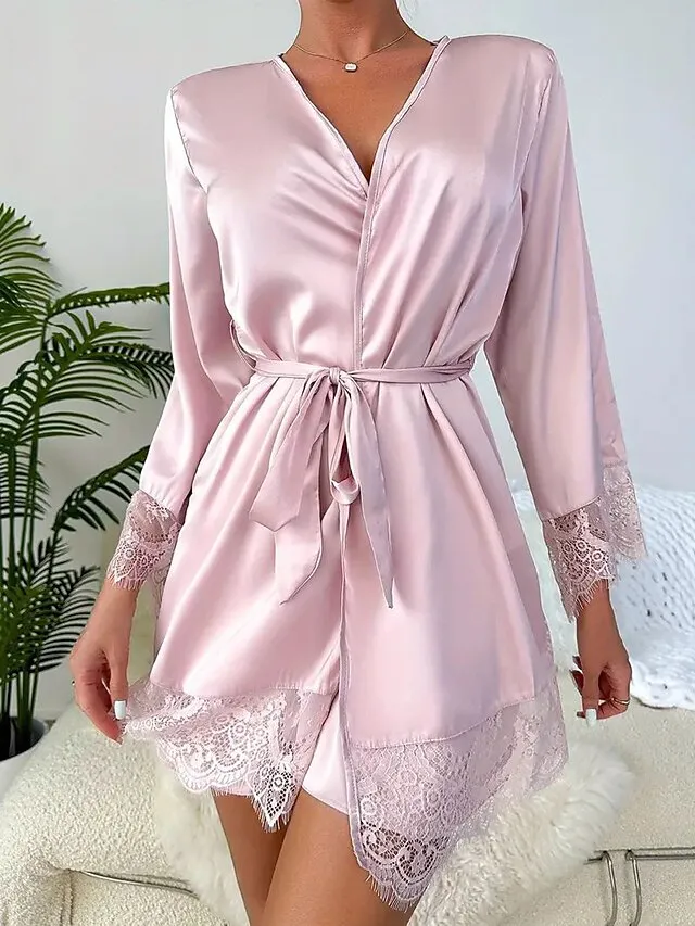 Women's Pajamas Bathrobe Nightgown Pure Color Simple Casual Comfort Home Daily Bed Polyester Breathable Plunging Neck Long Sleeve Fall Winter Lotus Pink Black