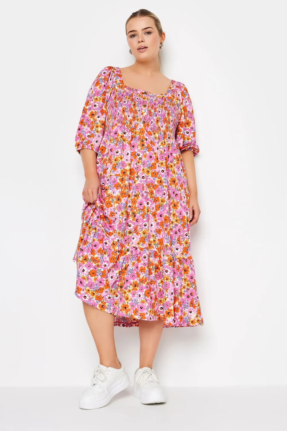 YOURS Curve Blue Floral Print Tiered Midi Dress