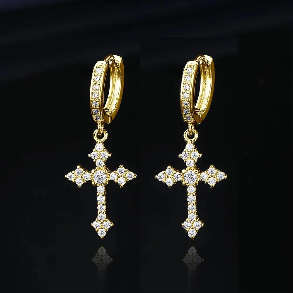 Inlaid Zircon Cross Dangle Hoop Earrings