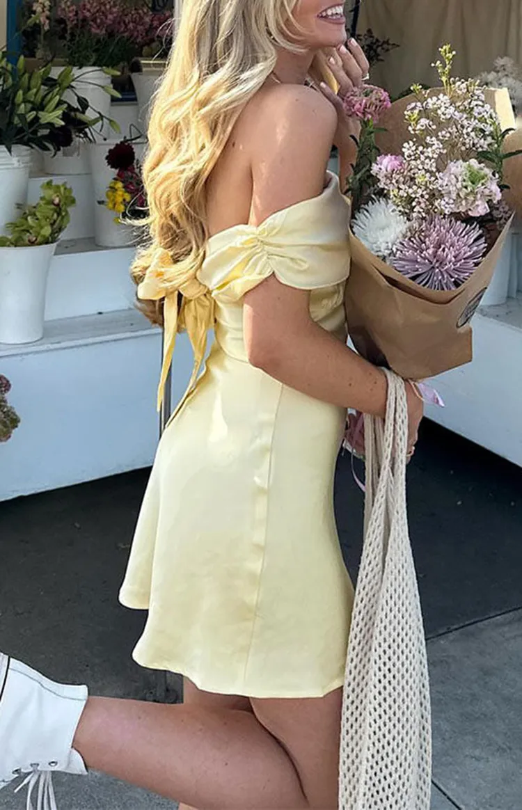 Off Shoulder Satin Yellow Mini Dress