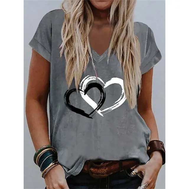 Women's T shirt Tee Heart Gray Print Short Sleeve Valentine Weekend Basic V Neck Regular Fit