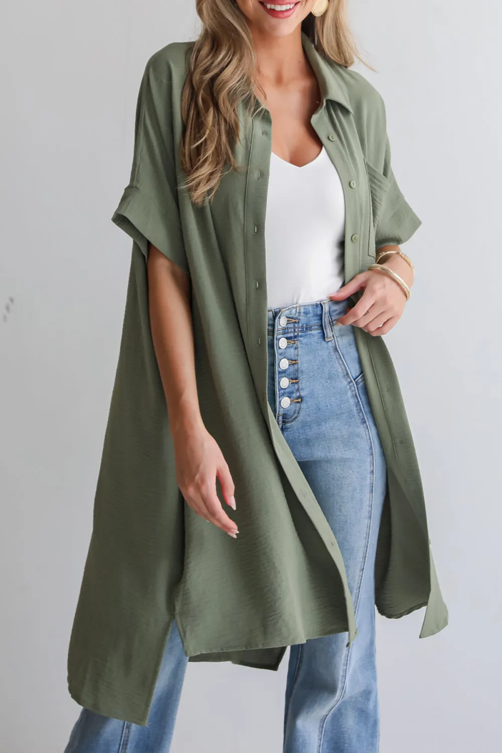 Composed Persona Green Button Front Midi Dress