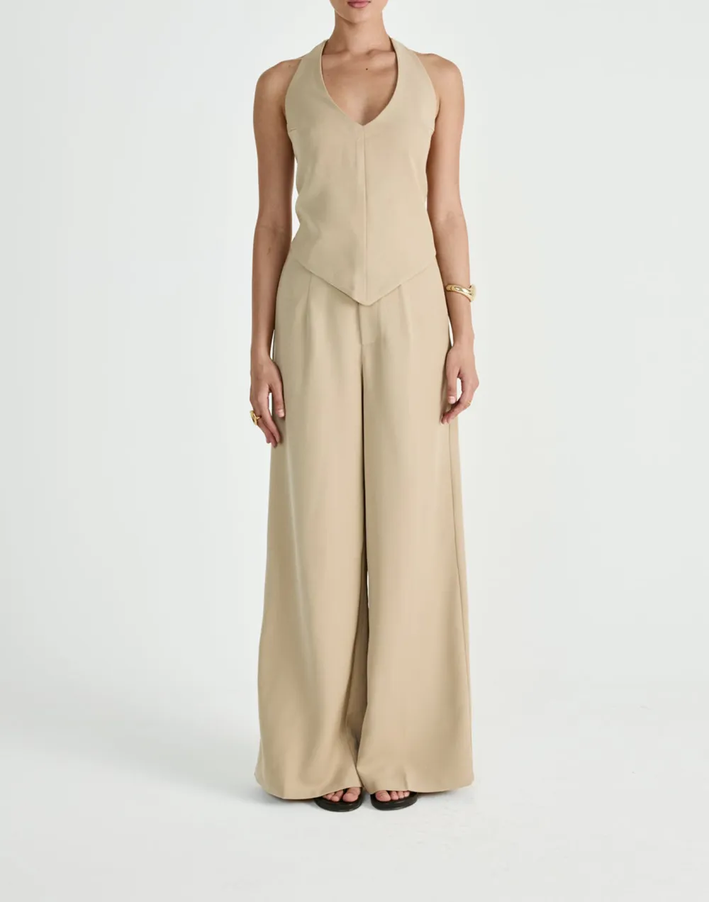 Floor-Length Draped Wide-Leg Trousers