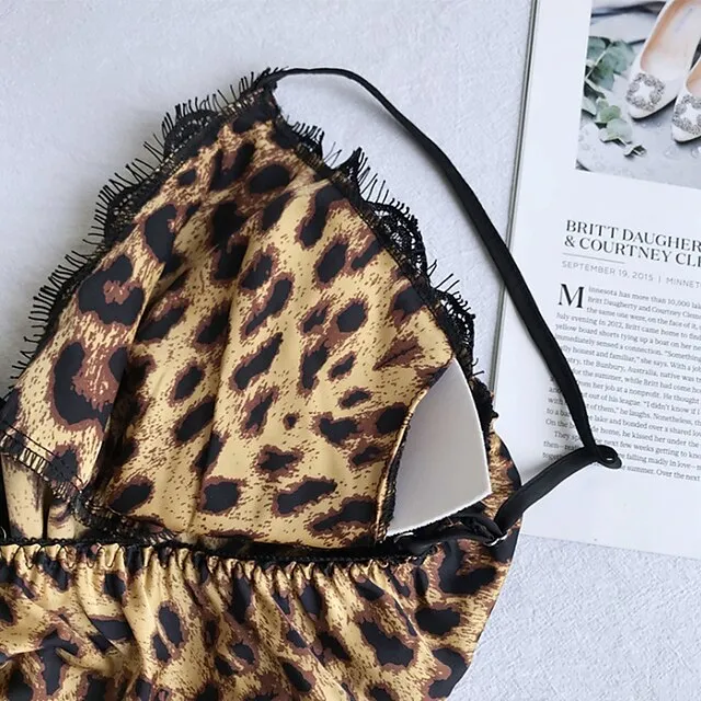 Women's Pajamas Robes Gown Nightgown Nighty 2 Pieces Leopard Simple Retro Hot Party Home Daily Polyester Breathable Gift V Wire Sleeveless Shorts Print Spring Fall Khaki