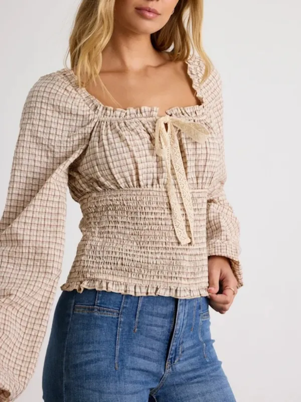 Smocked Plaid Long Sleeve Blouse