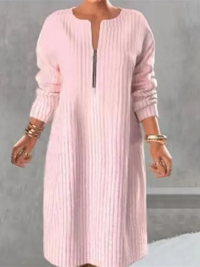 Women's Sweater Dress Jumper Dress Winter Dress Midi Dress Knitwear Fashion Streetwear Color Block Outdoor Street Daily Vacation V Neck Long Sleeve Print Zipper 2023 Loose Fit Black Pink Peach M L XL