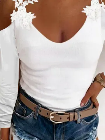 Casual Plain Cold Shoulder Long Sleeve T-shirt