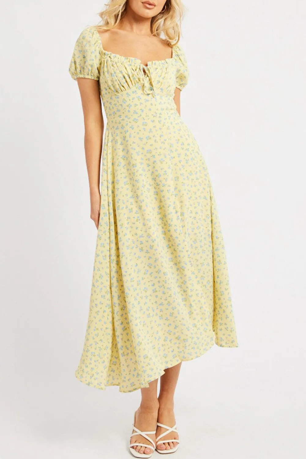 Yellow Ditsy Midi Dress Puff Sleeve
