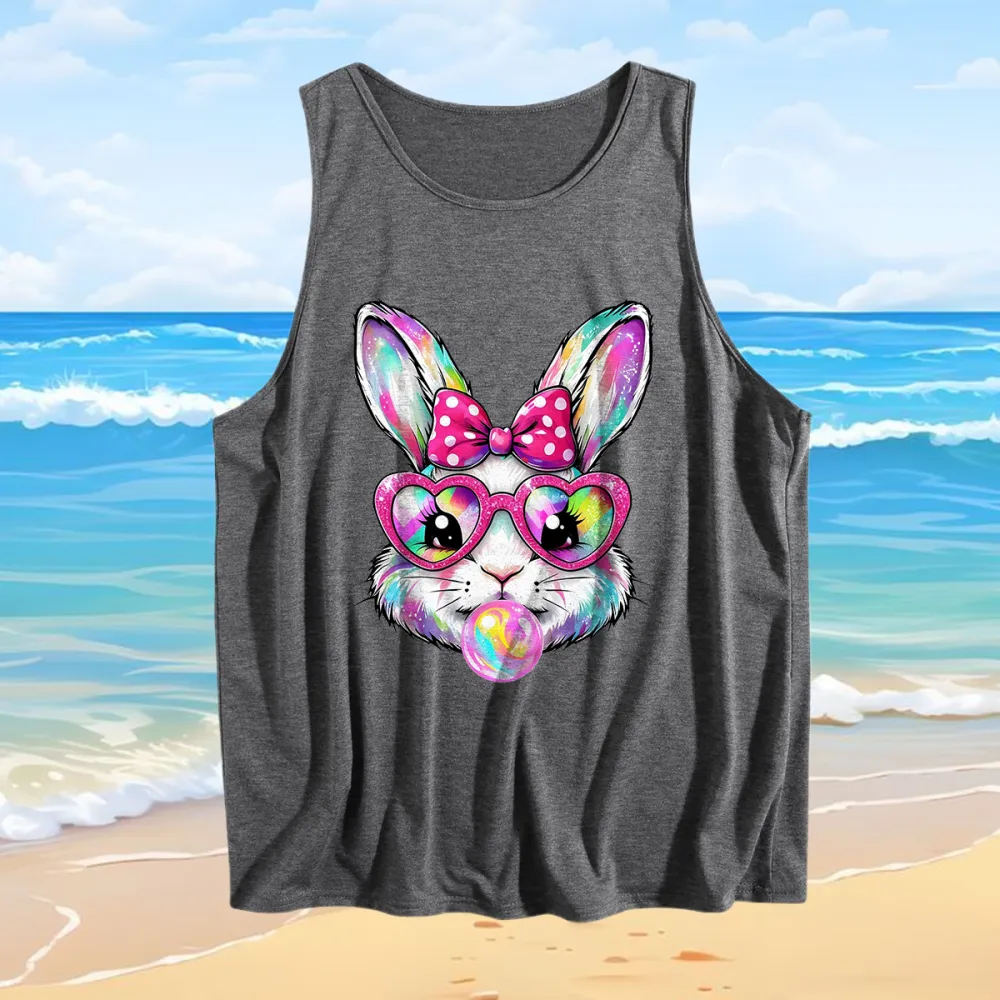 Vest Easter Bunny Wearing Heart Glasses Blowing Bubbles Women's Crew Neck Print