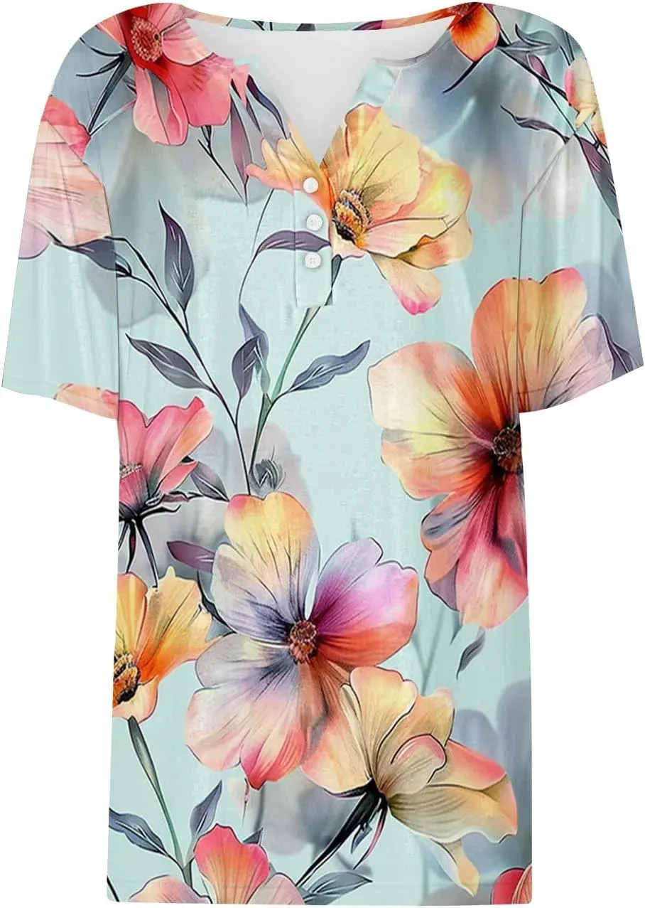 Shirts for Women Casual Printed Summer Tops Short-Sleeved Button V-Neck Tops Blouse Fashion Boho T-Shirts