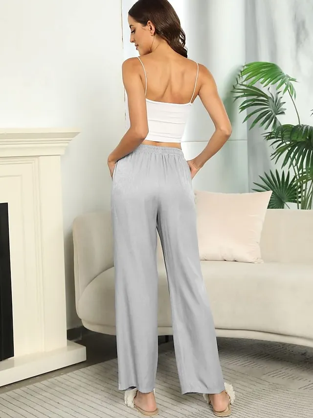 Women's Basic Essential Classic Culottes Wide Leg Chinos Drawstring Pants Casual Inelastic Solid Colored Faux Linen Lightweight Mid Waist Loose Black Blue Gray Dusty Blue S M L XL XXL