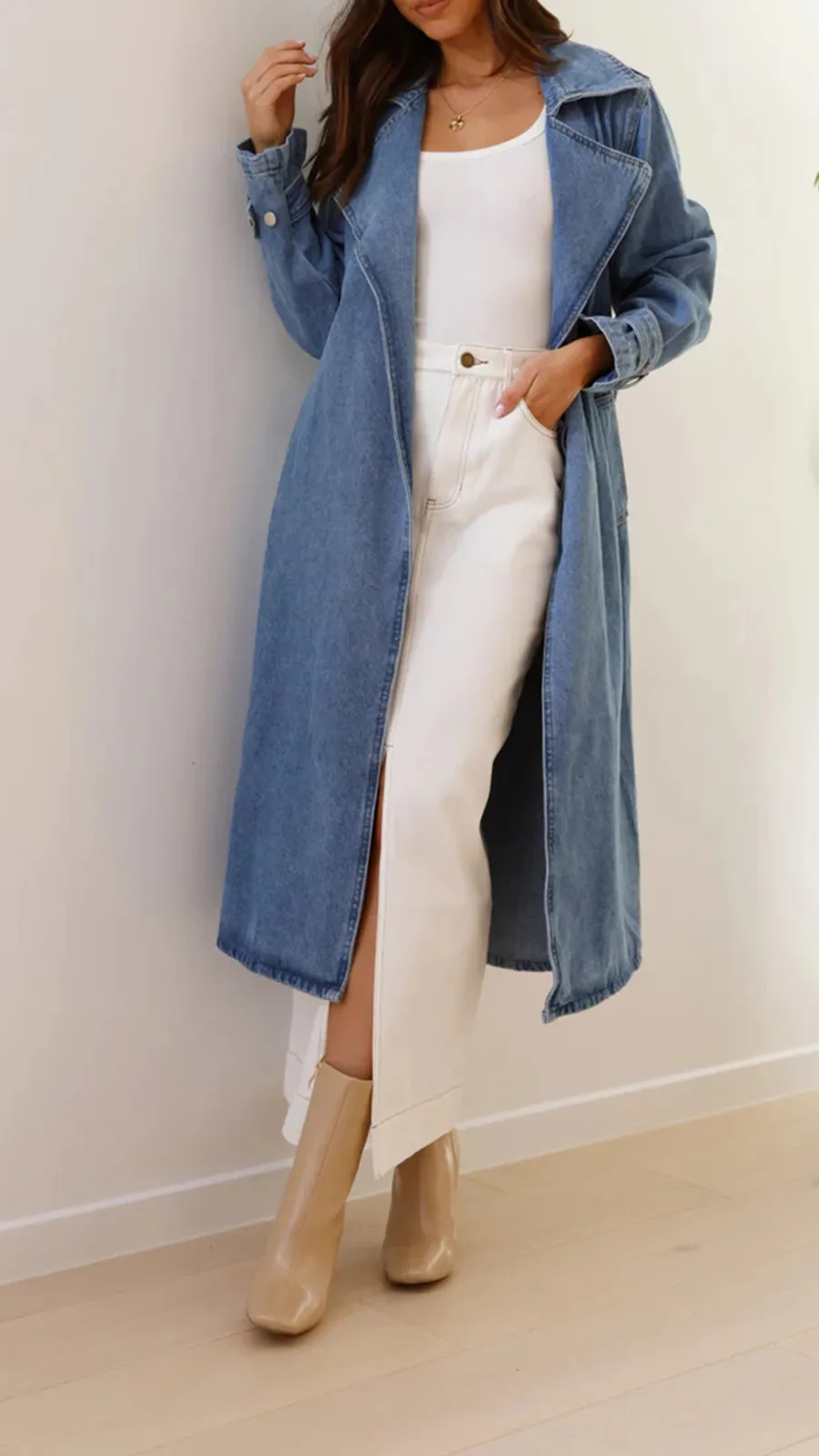 Long Denim Lapel Jacket