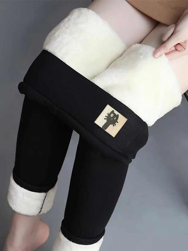 Women's Fleece Lined Leggings Warm Full Length Winter Leggings High Waist Basic Casual Office Daily Lamb wool leggings (kitten) Lamb cashmere leggings (leather label) S M Fall & Winter