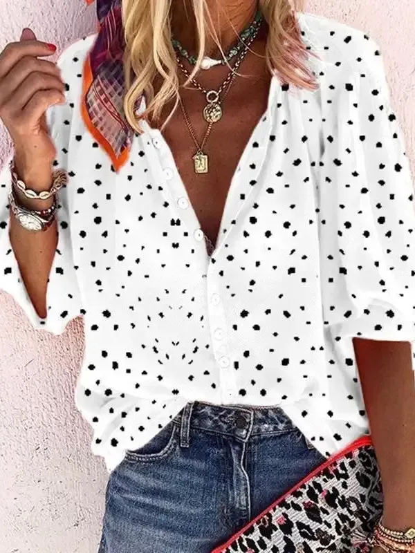 Women 3/4 Sleeve V-neck Polka dot Button Tops